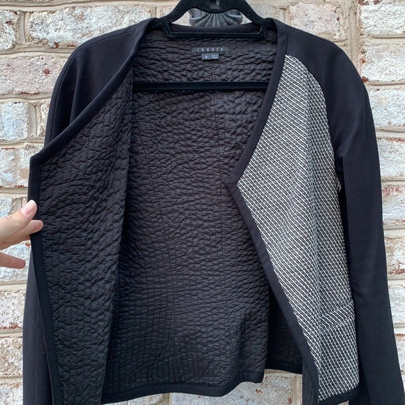 Theory Black and White Drape Front Open Blazer 8 - Picture 11 of 13
